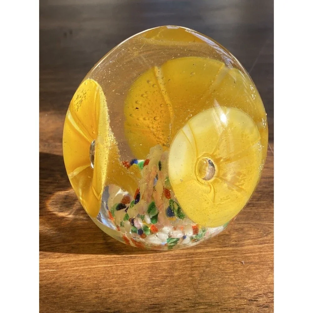Art Glass Paperweight Yellow Trumpet Flower Blown Bubbles 3” Colorful Floral